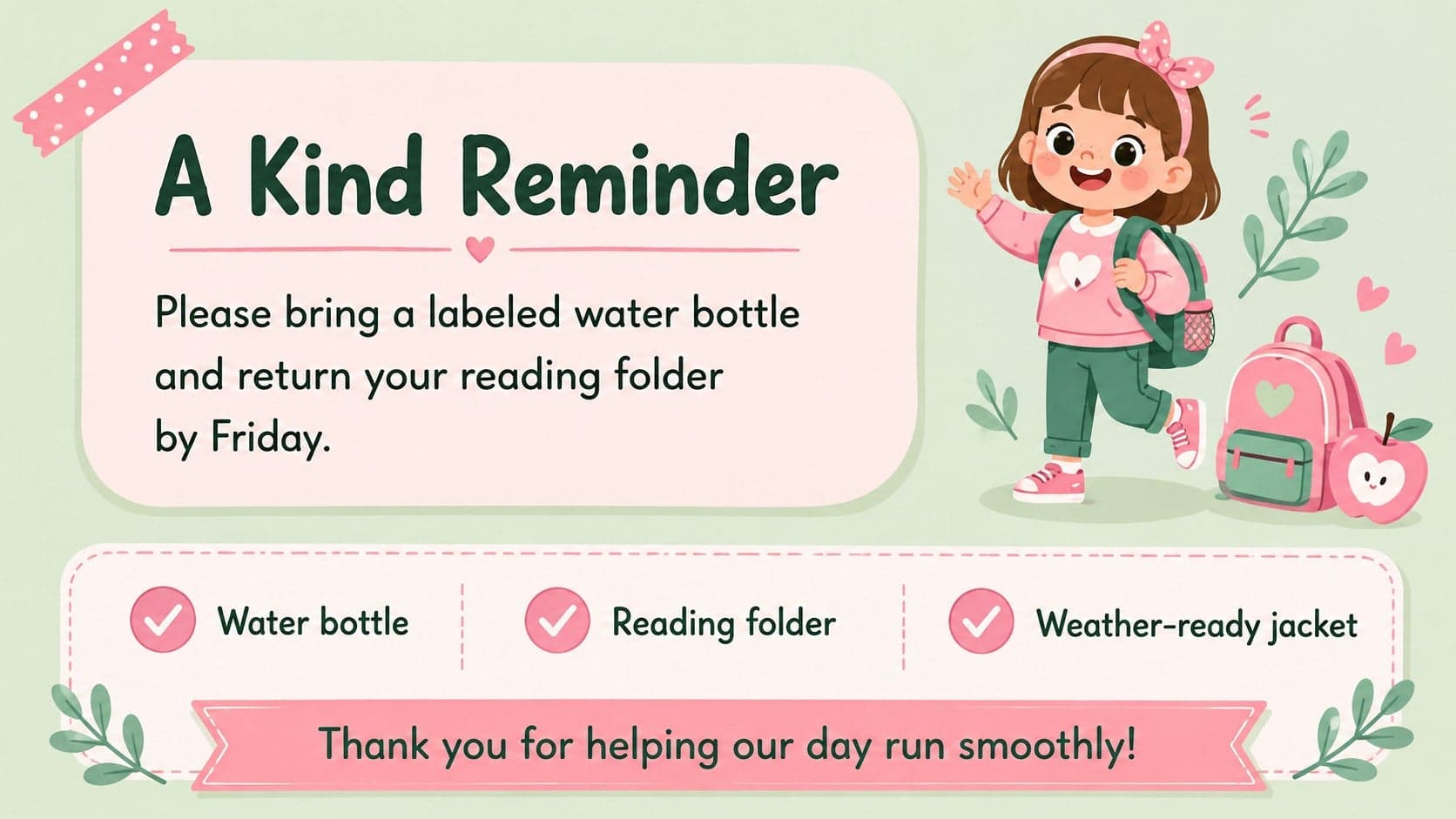 Cute animal teacher note design with a pink reminder panel, green accents, and an original penguin character.