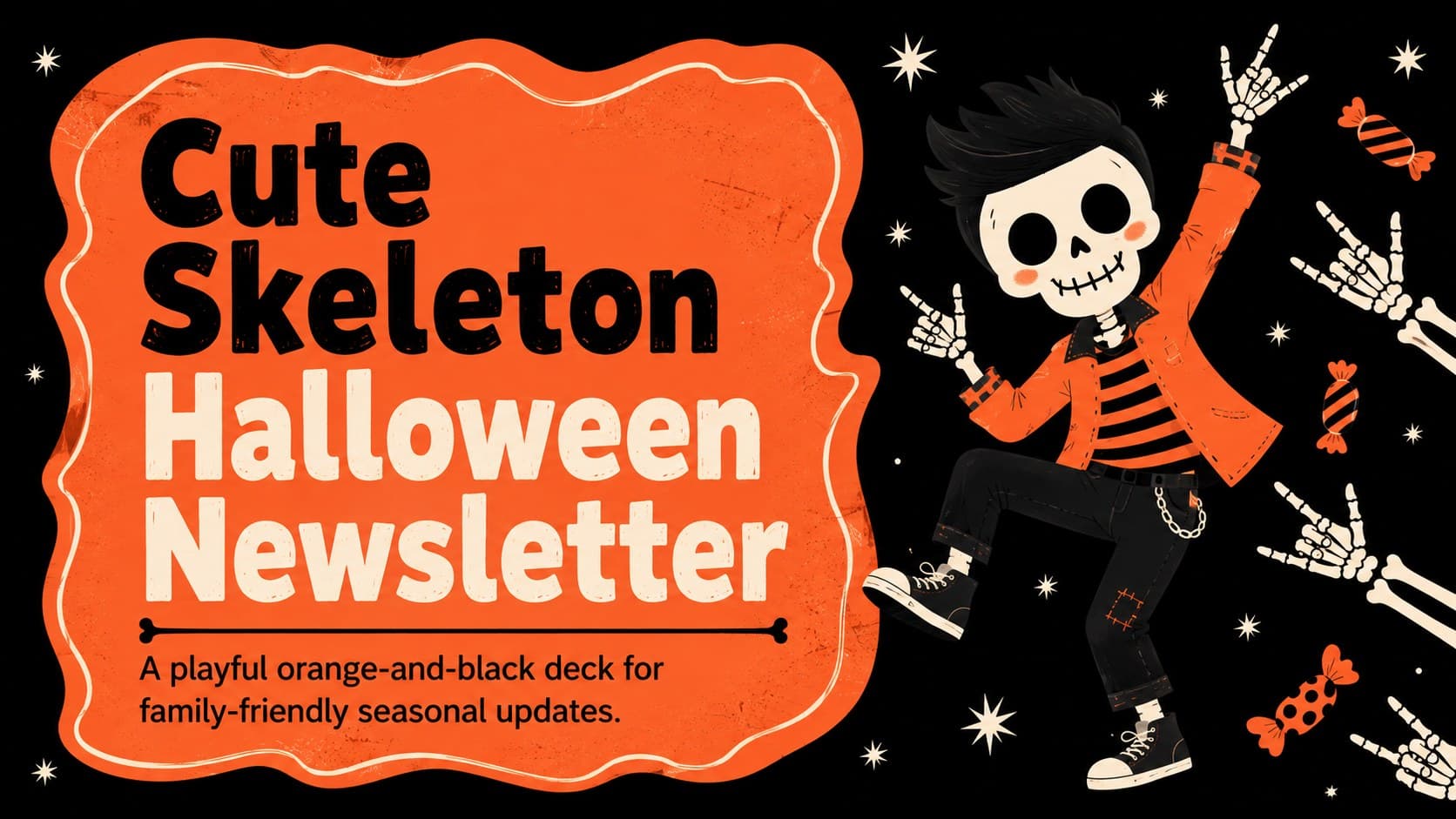 Cover of a Cute Skeleton Halloween Newsletter with cheerful bone illustrations in an orange-and-black palette.