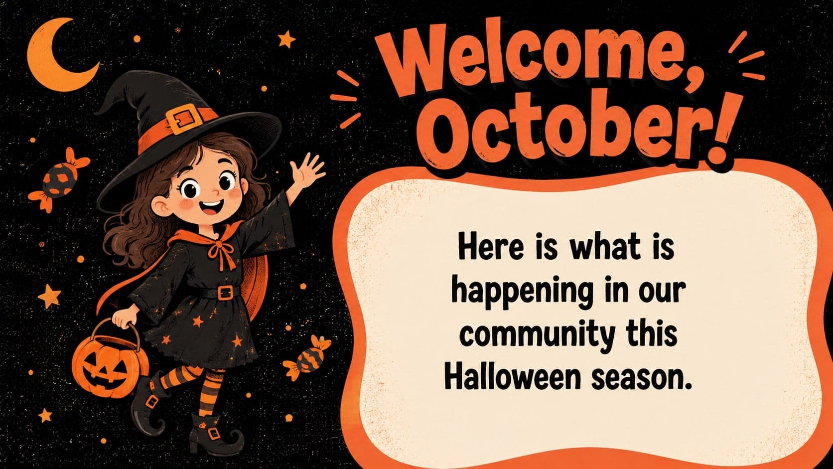 Welcome page for an illustrated Halloween newsletter featuring a friendly skeleton and a short seasonal message.