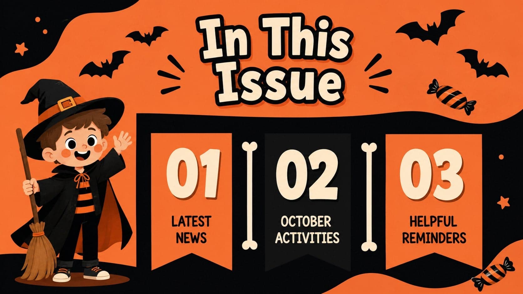 Halloween classroom newsletter agenda with three illustrated sections for news, activities, and reminders.