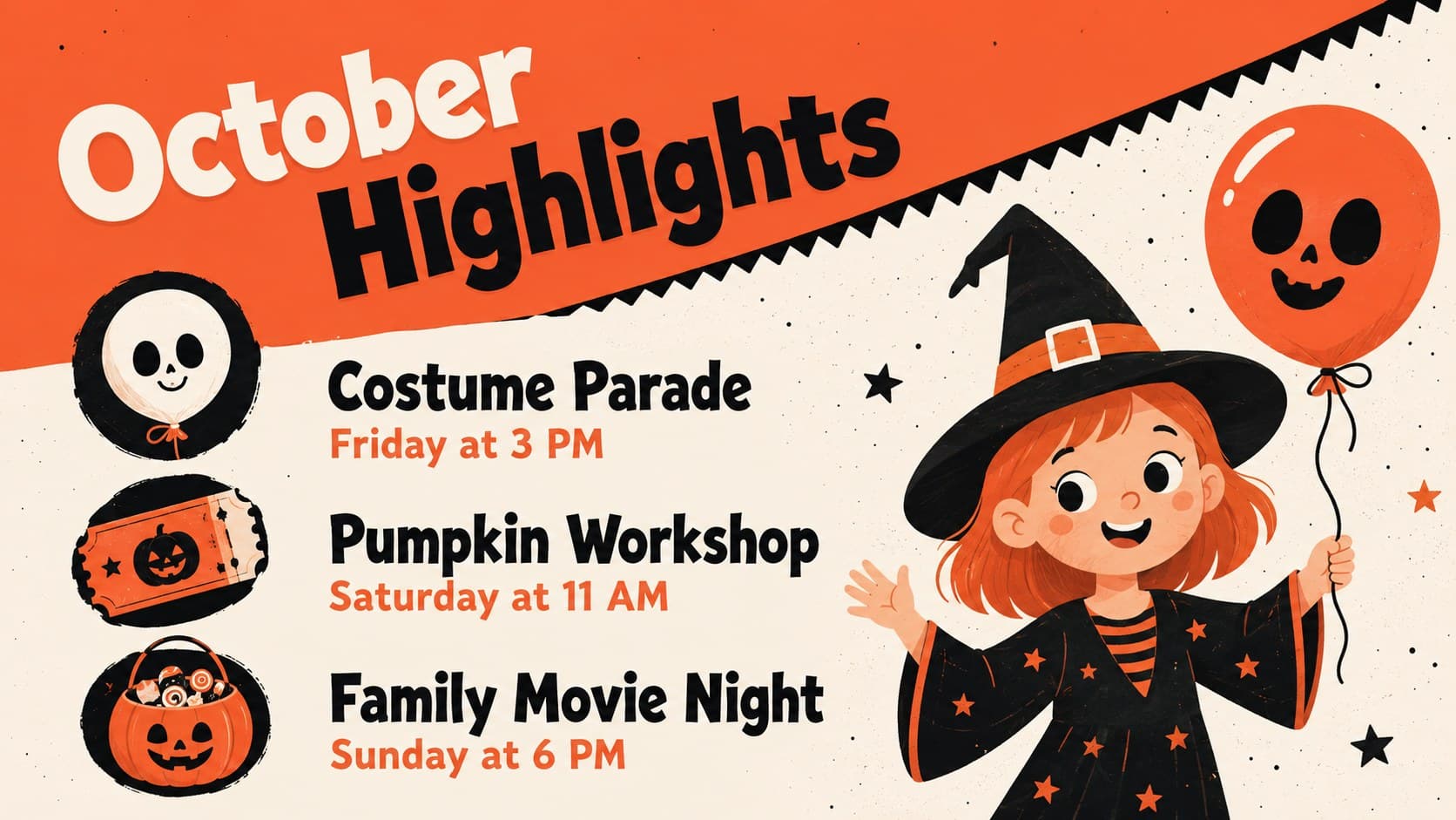 October highlights layout for a family-friendly Halloween newsletter with three concise announcements.