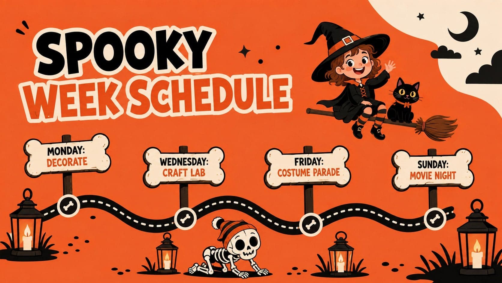 Illustrated Halloween event presentation page showing a weekly schedule with orange date markers.