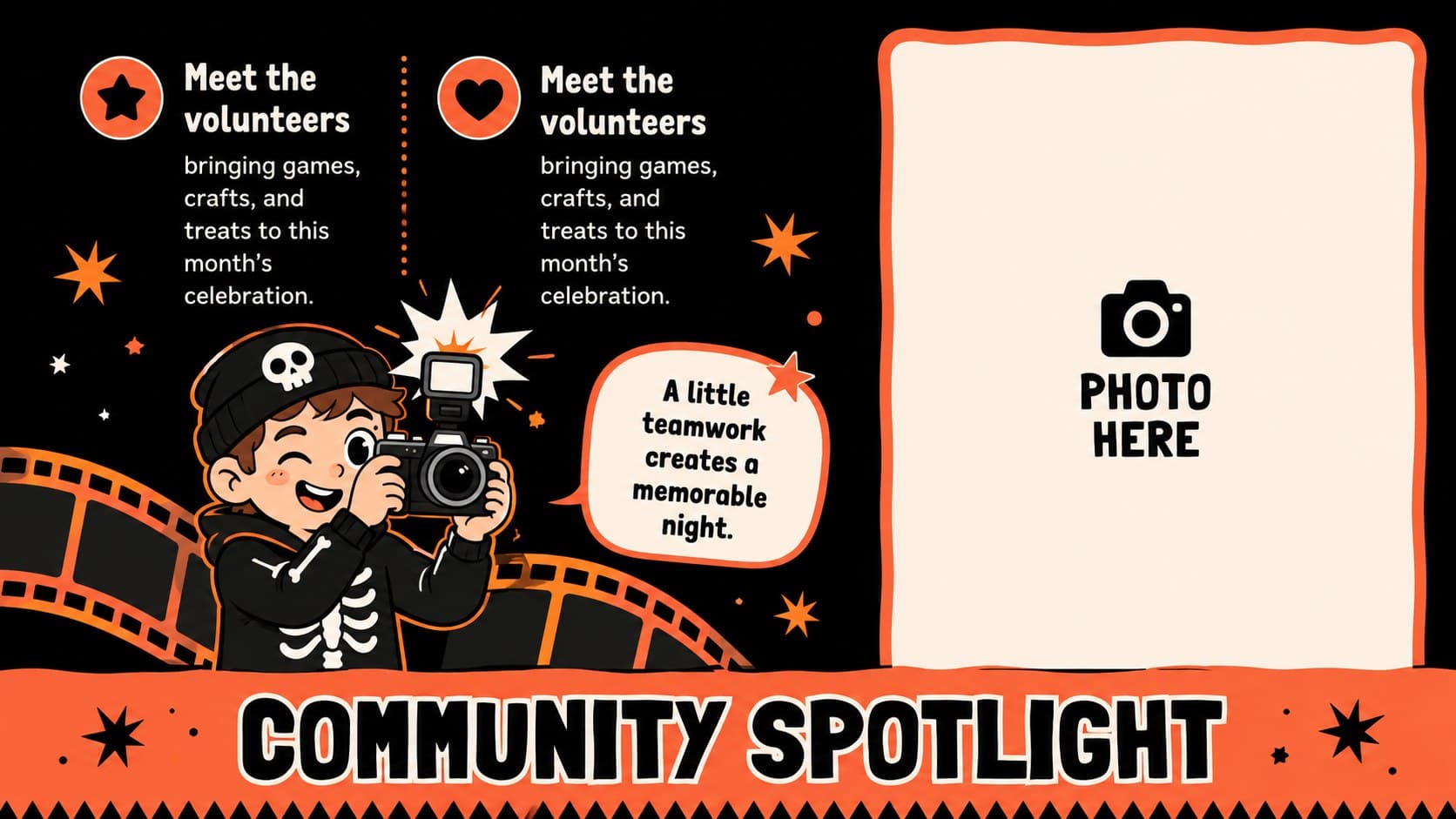 Halloween newsletter feature story page with a large photo area and kid-friendly skeleton decorations.
