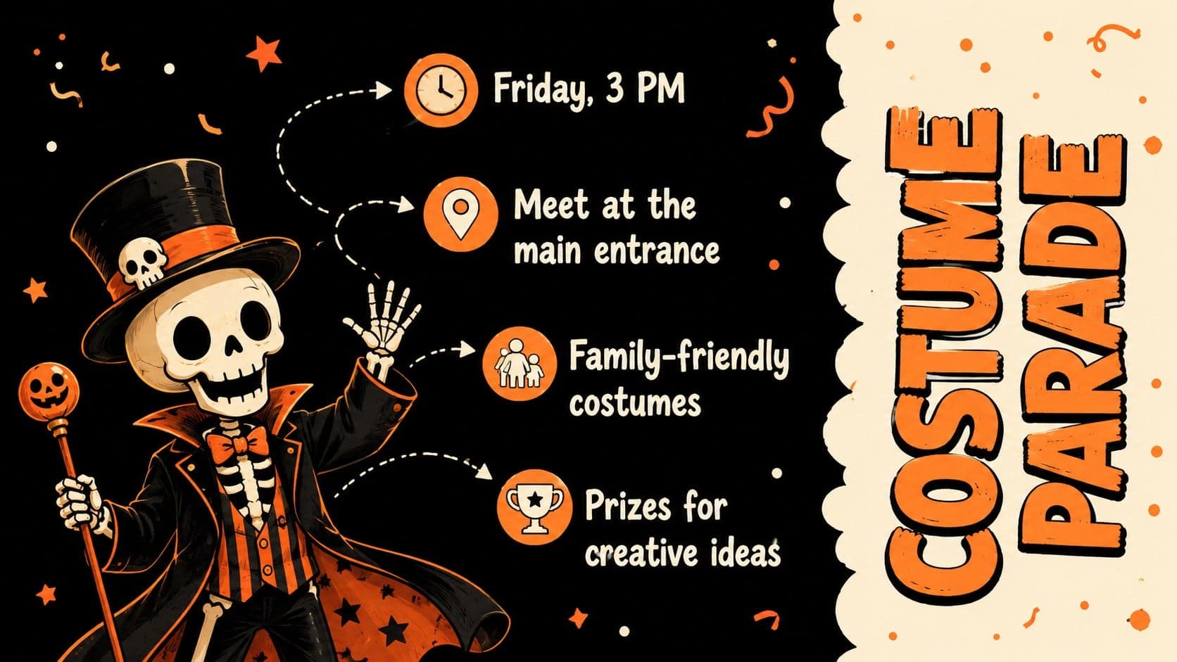 Cute skeleton presentation theme page listing costume parade details and participation reminders.