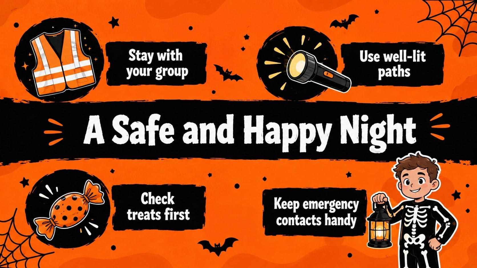 Orange-and-black Halloween slide deck page with safety tips for a family evening event.