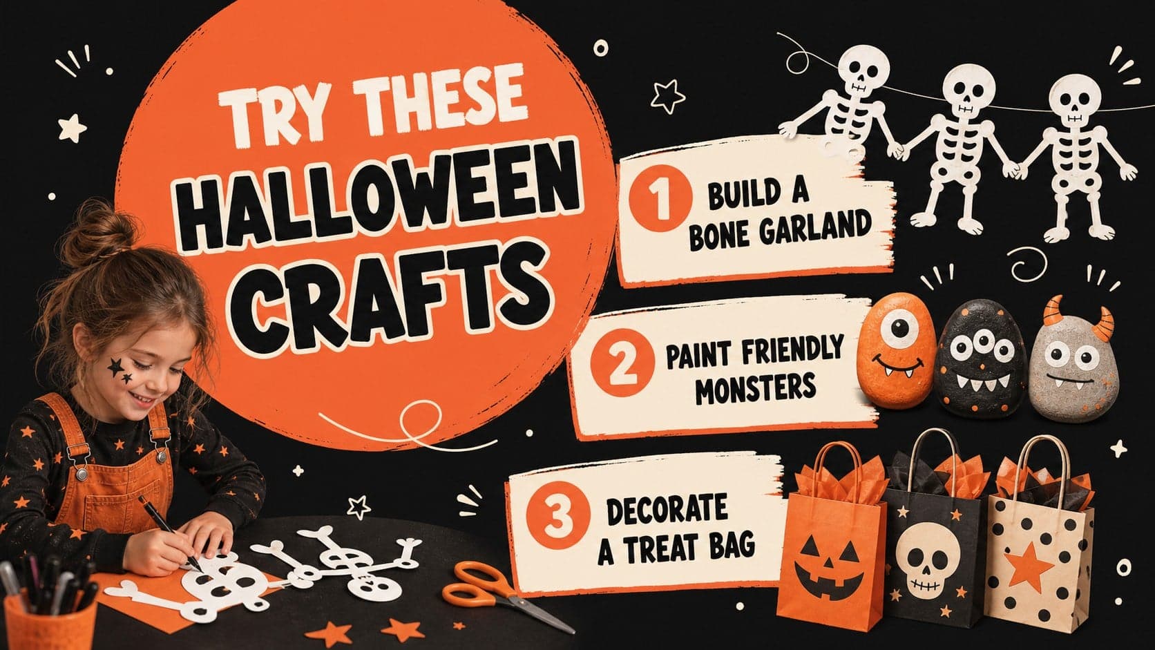 Halloween classroom newsletter slides showing three seasonal craft activities with playful illustrations.