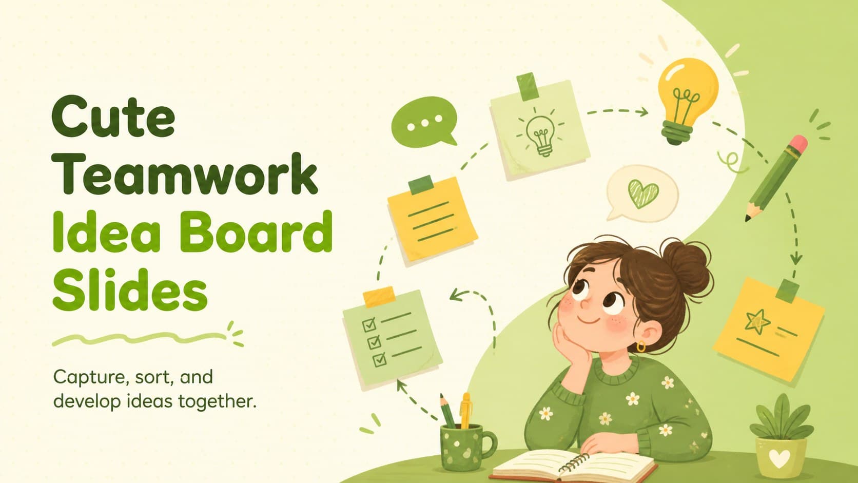 Cover for Cute Teamwork Idea Board Slides featuring playful green illustrations for collaborative workshops.
