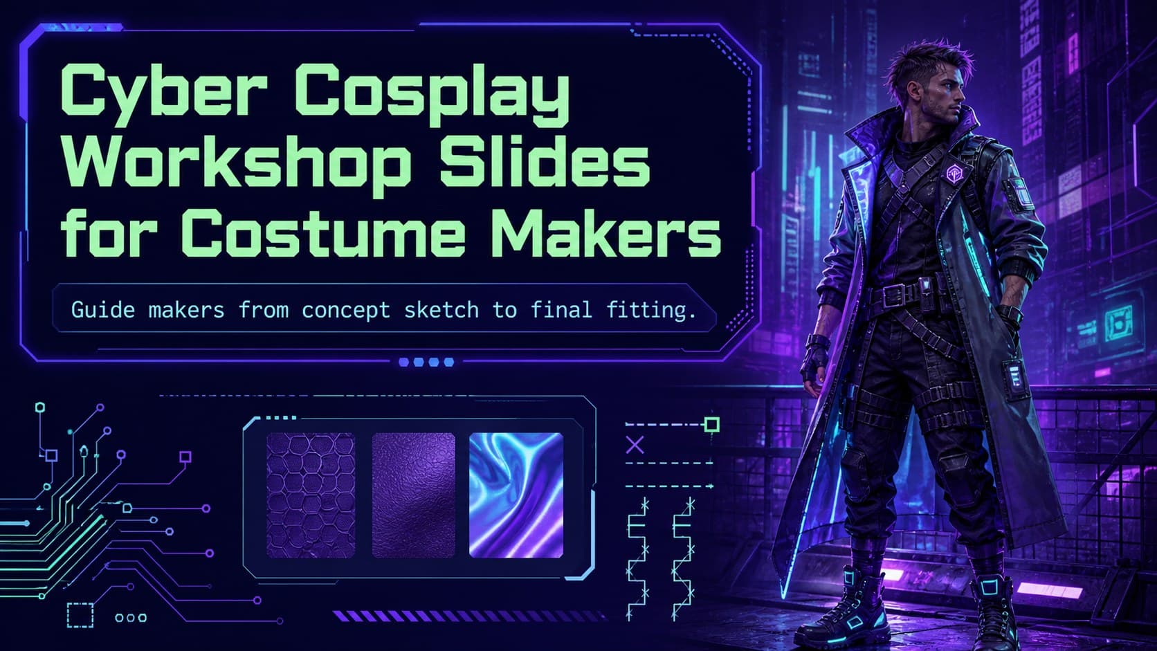Cover for Cyber Cosplay Workshop Slides with neon purple, blue, and green graphics framing a futuristic costume maker.