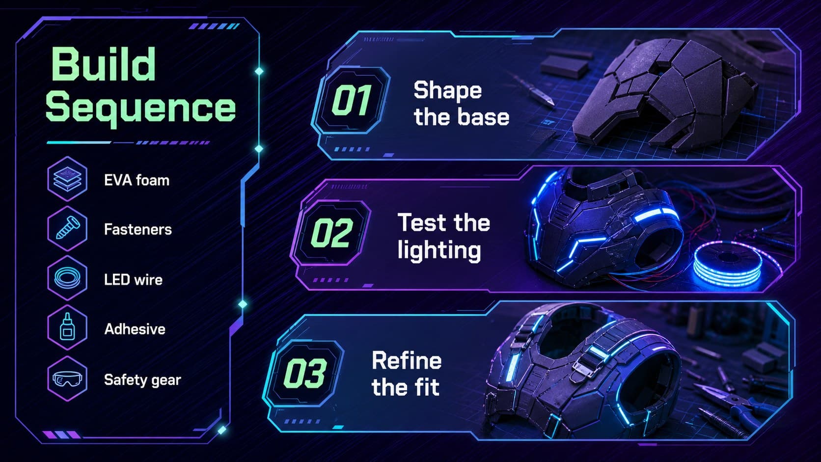 Cyberpunk costume making workshop slide with a materials checklist and three illustrated fabrication steps.
