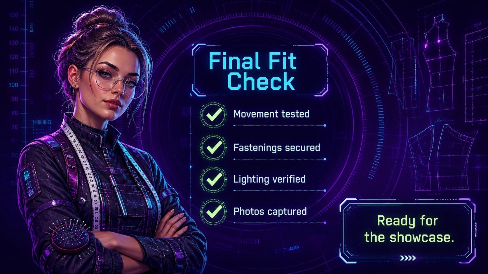 Futuristic costume design presentation slide featuring a final fitting checklist and original cyber cosplay character.