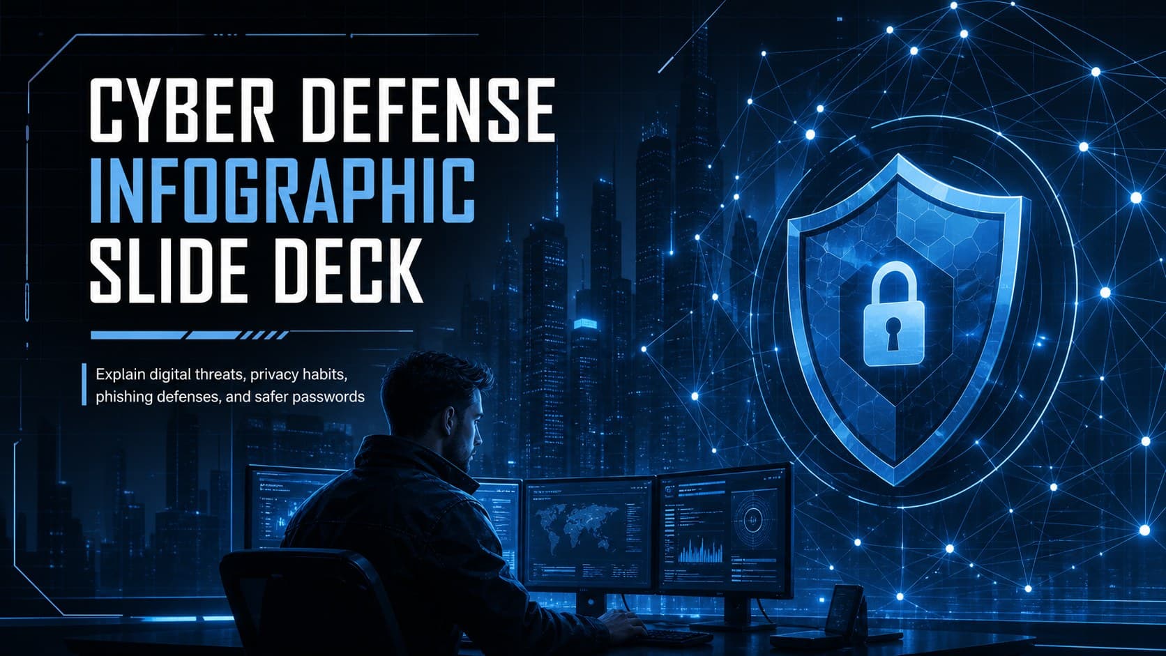 Cyber defense infographic slide deck cover showing digital threat symbols and a high-contrast blue, black, and white security design.