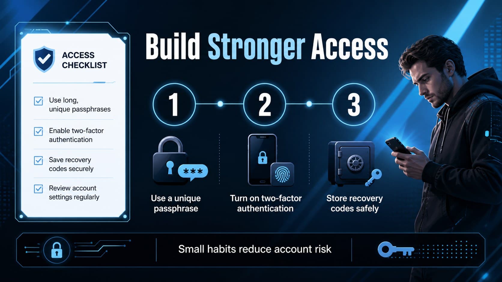 Digital security training slide presenting a password and two-factor authentication checklist with shield graphics and contrasting infographic panels.
