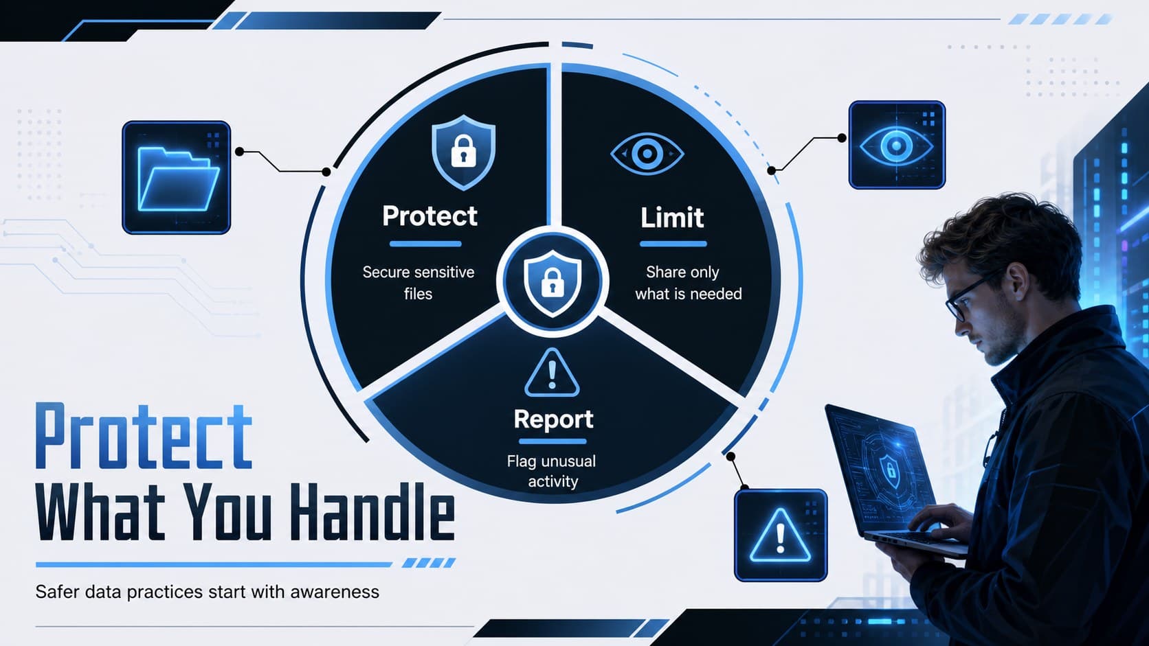 Data privacy infographic slide showing a practical protect, limit, and report framework for safer handling of personal information.