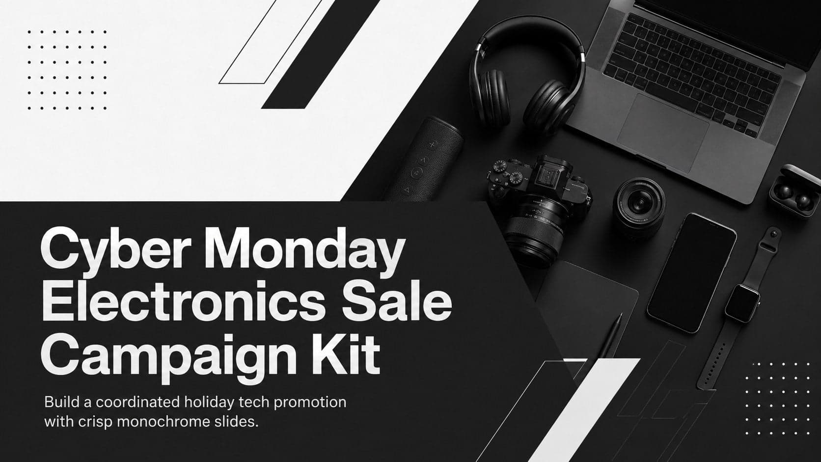 Cover for a Cyber Monday electronics sale campaign kit with bold monochrome typography and modern technology graphics.