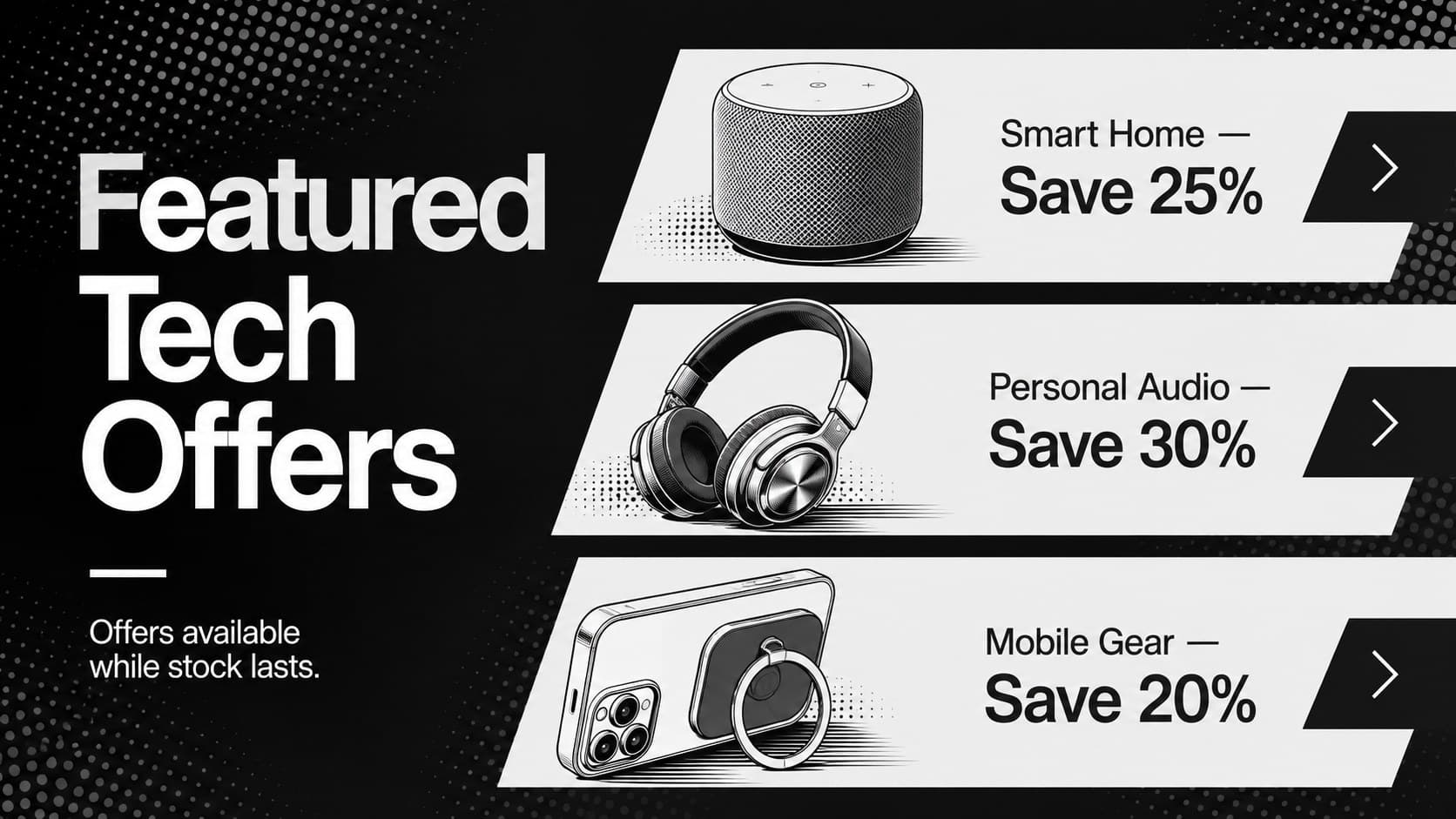 Holiday electronics promotion slide presenting featured offers for smart home, audio, and mobile products.