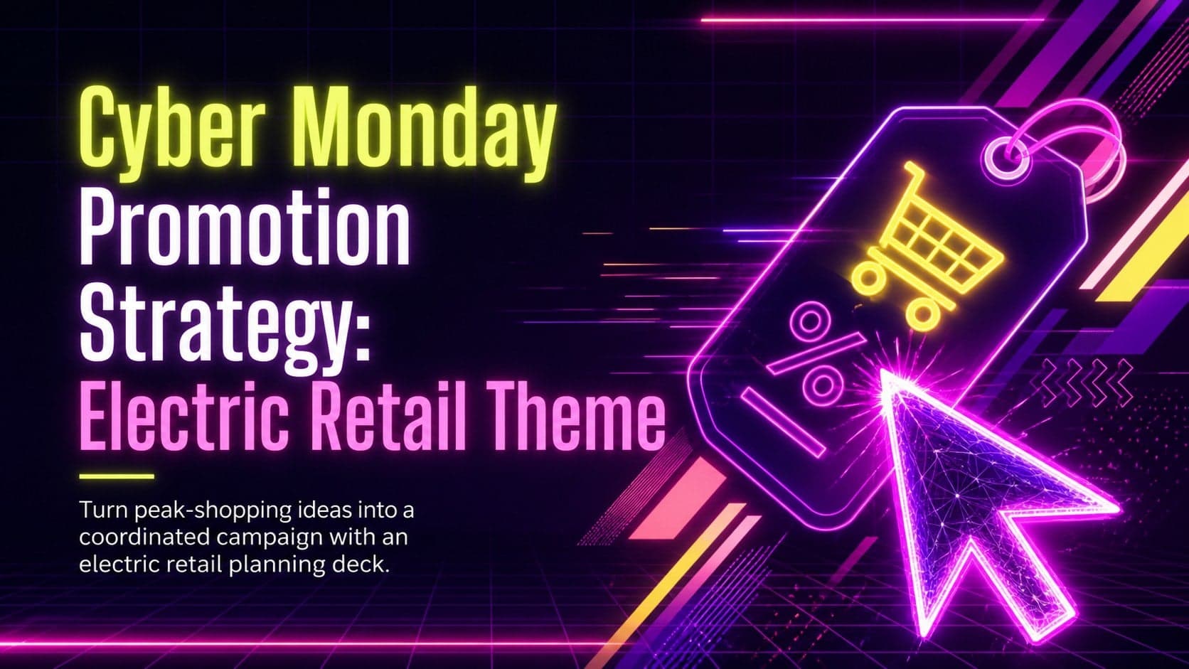 Cover for a Cyber Monday promotion strategy deck with electric violet, pink, and yellow retail graphics.