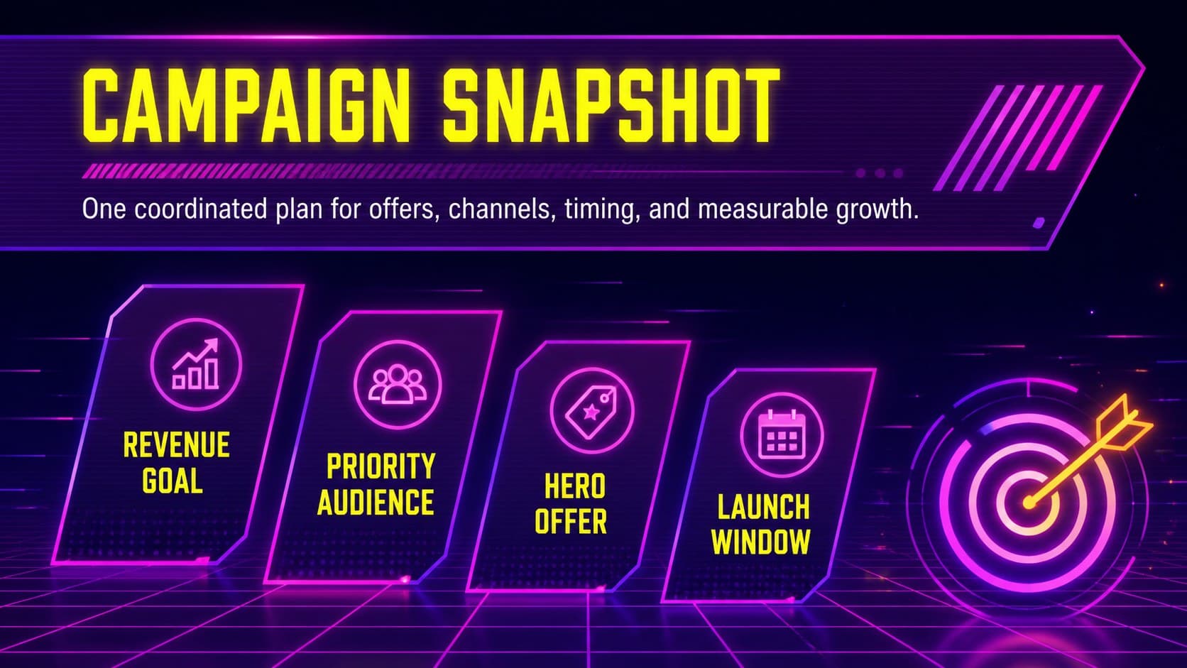 Neon campaign overview slide presenting the goals of a Cyber Monday sales planning presentation.