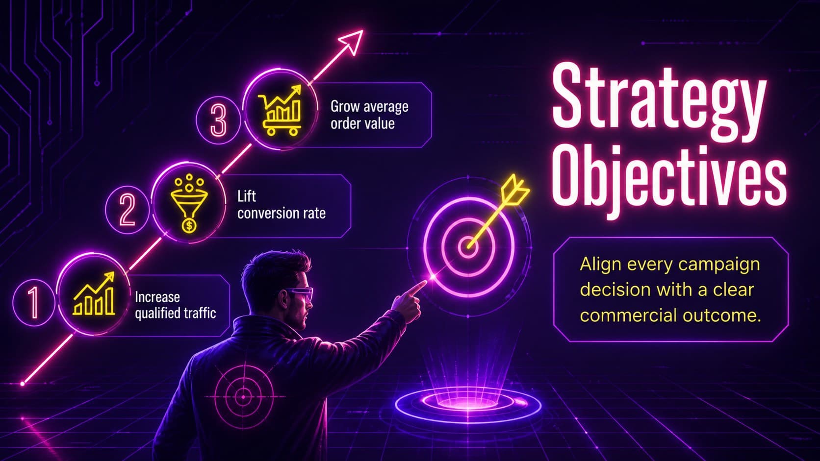 Electric retail slide outlining objectives for a Cyber Monday promotion strategy.
