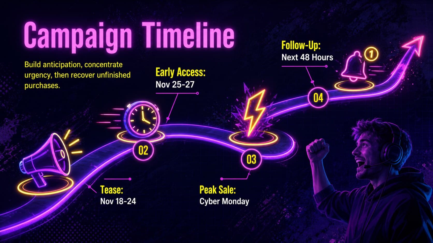 Cyber Monday campaign timeline showing teaser, launch, peak sale, and follow-up phases.