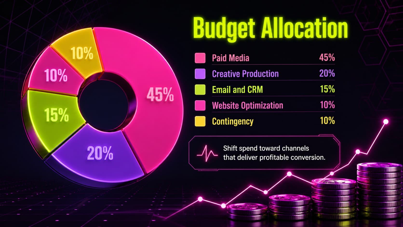 Neon retail budget allocation chart for paid media, creative, email, and website optimization.