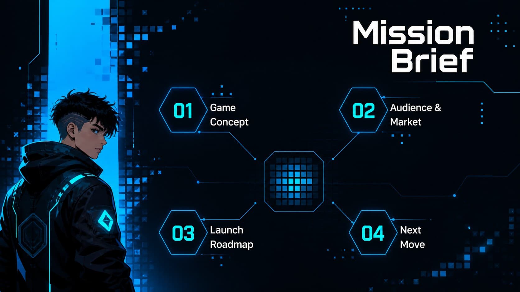 Cyber gaming pitch deck agenda featuring four sections in an angular electric blue layout.