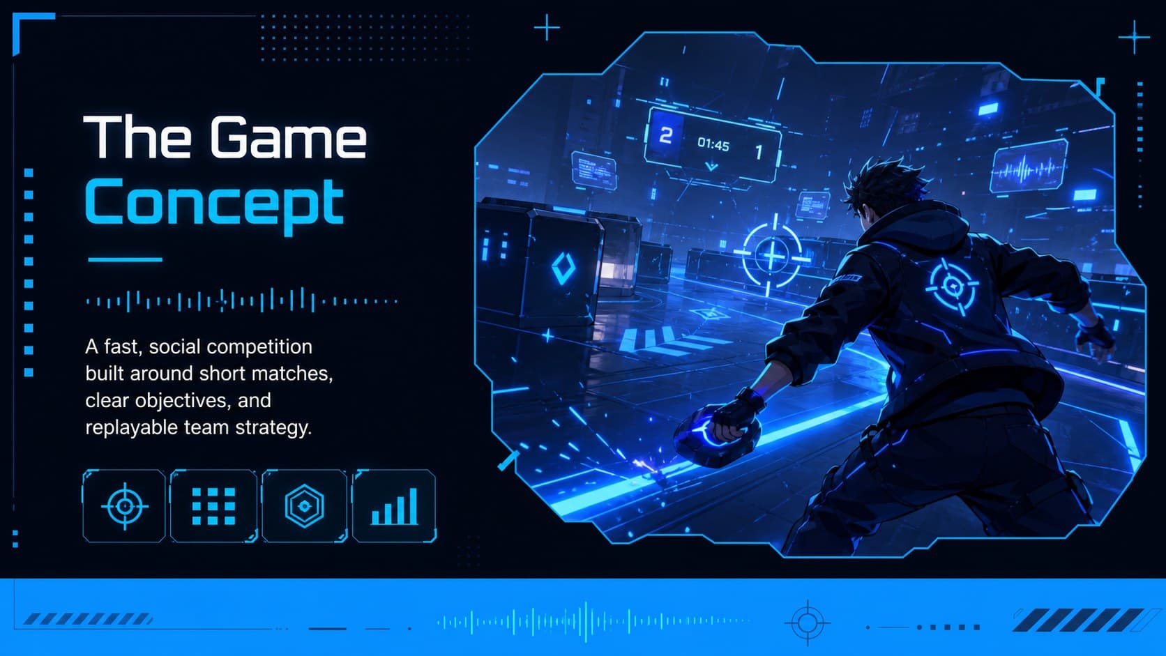 Editable esports presentation template slide introducing a gaming project concept with bold blue graphics.