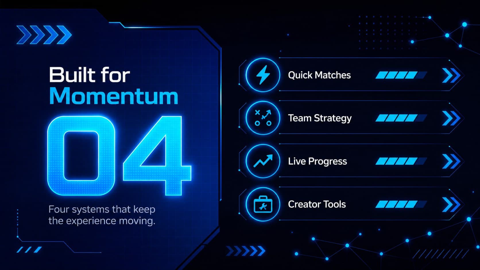 Electric blue gaming slideshow with four feature highlights arranged in a futuristic interface.