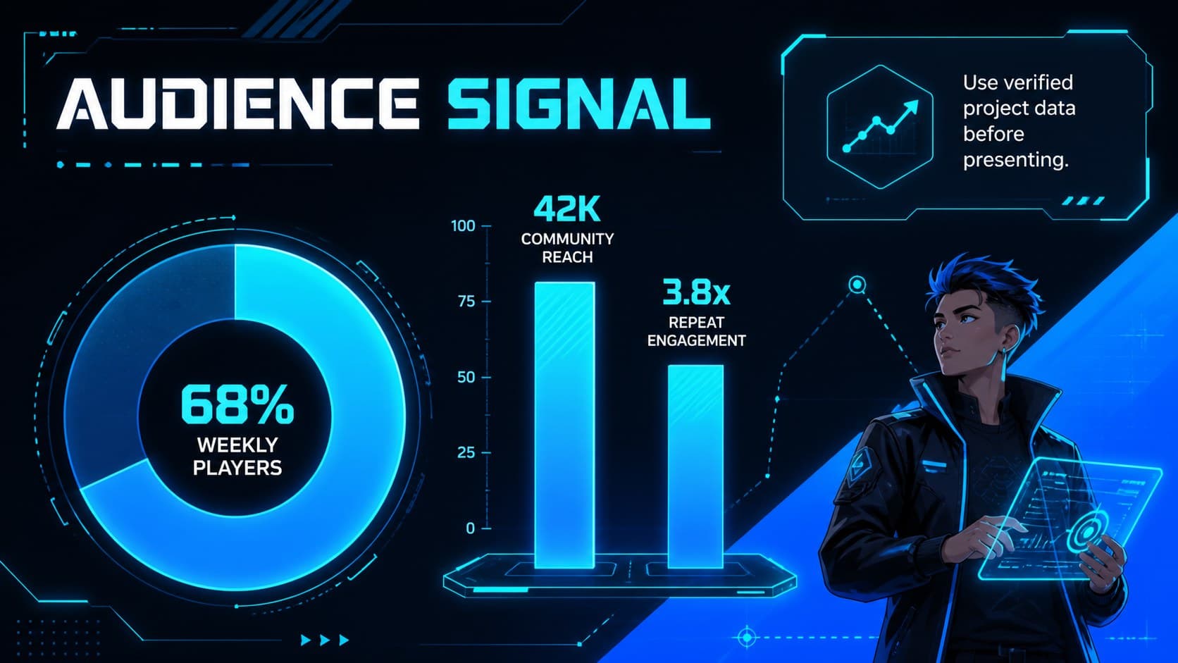 Esports sponsorship presentation slide with audience statistics and neon blue data charts.