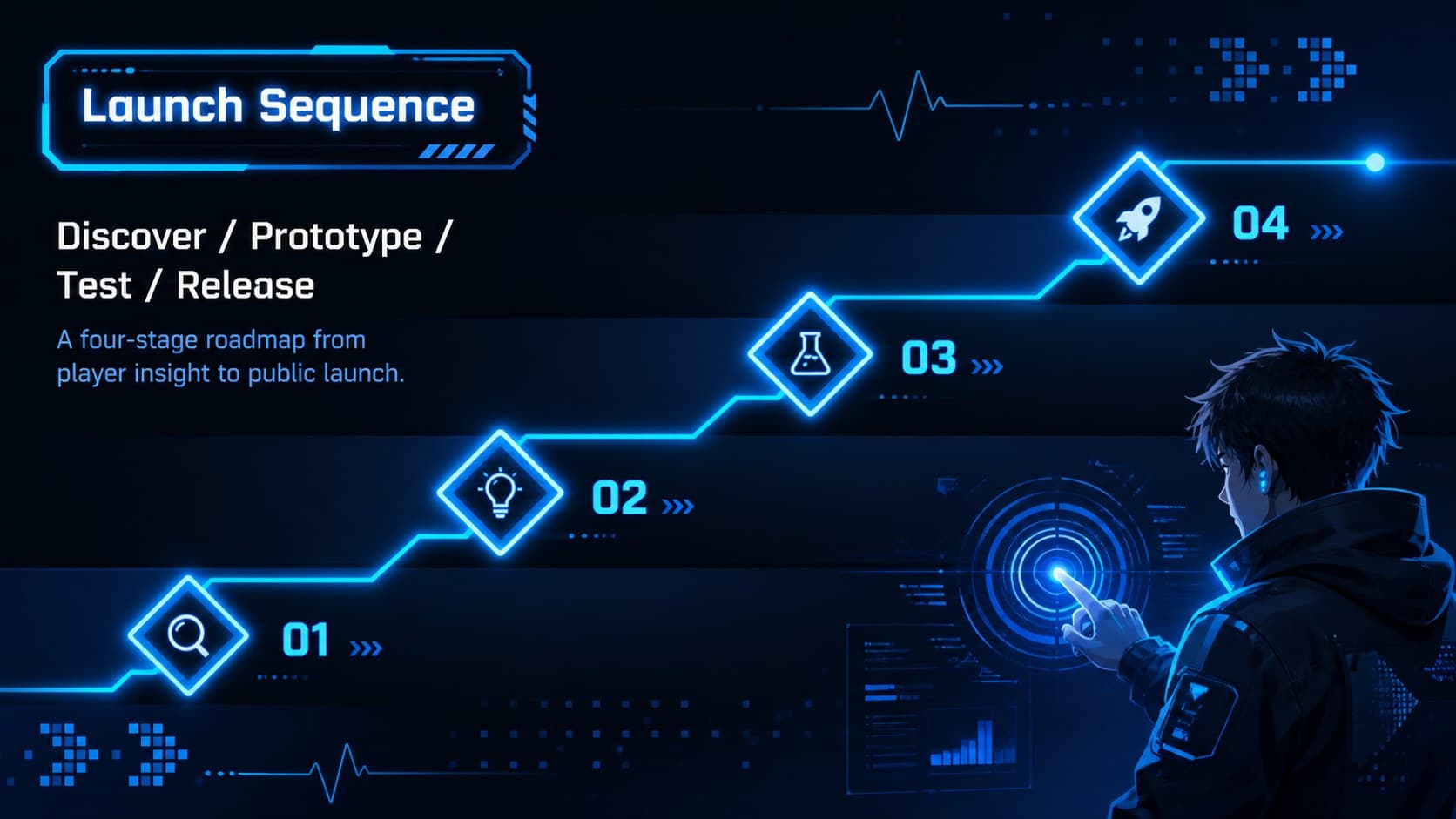 Gaming project roadmap slide displaying four launch phases on an electric blue neon timeline.