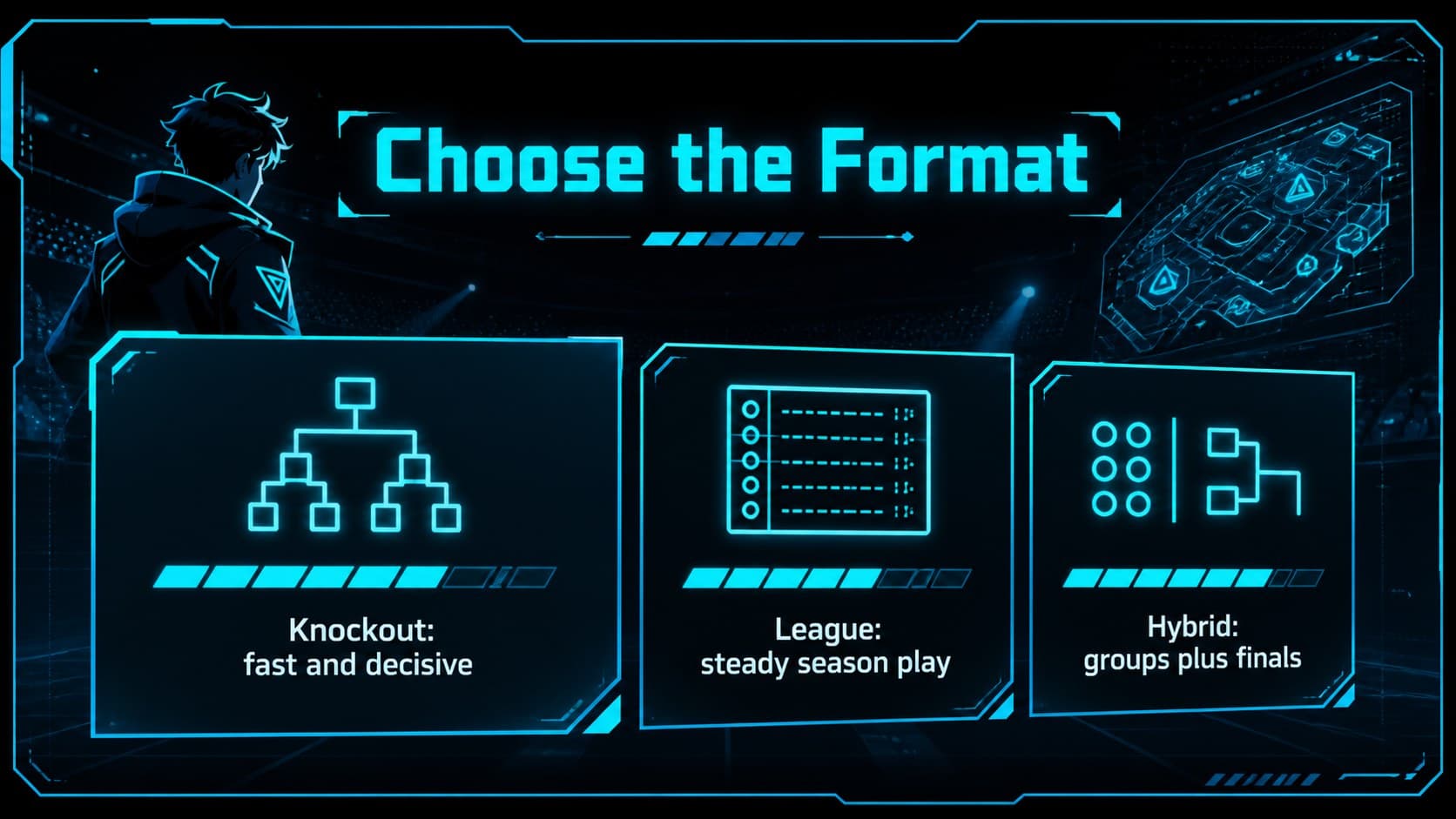 Futuristic tournament proposal deck comparing three competition formats in a geometric table.