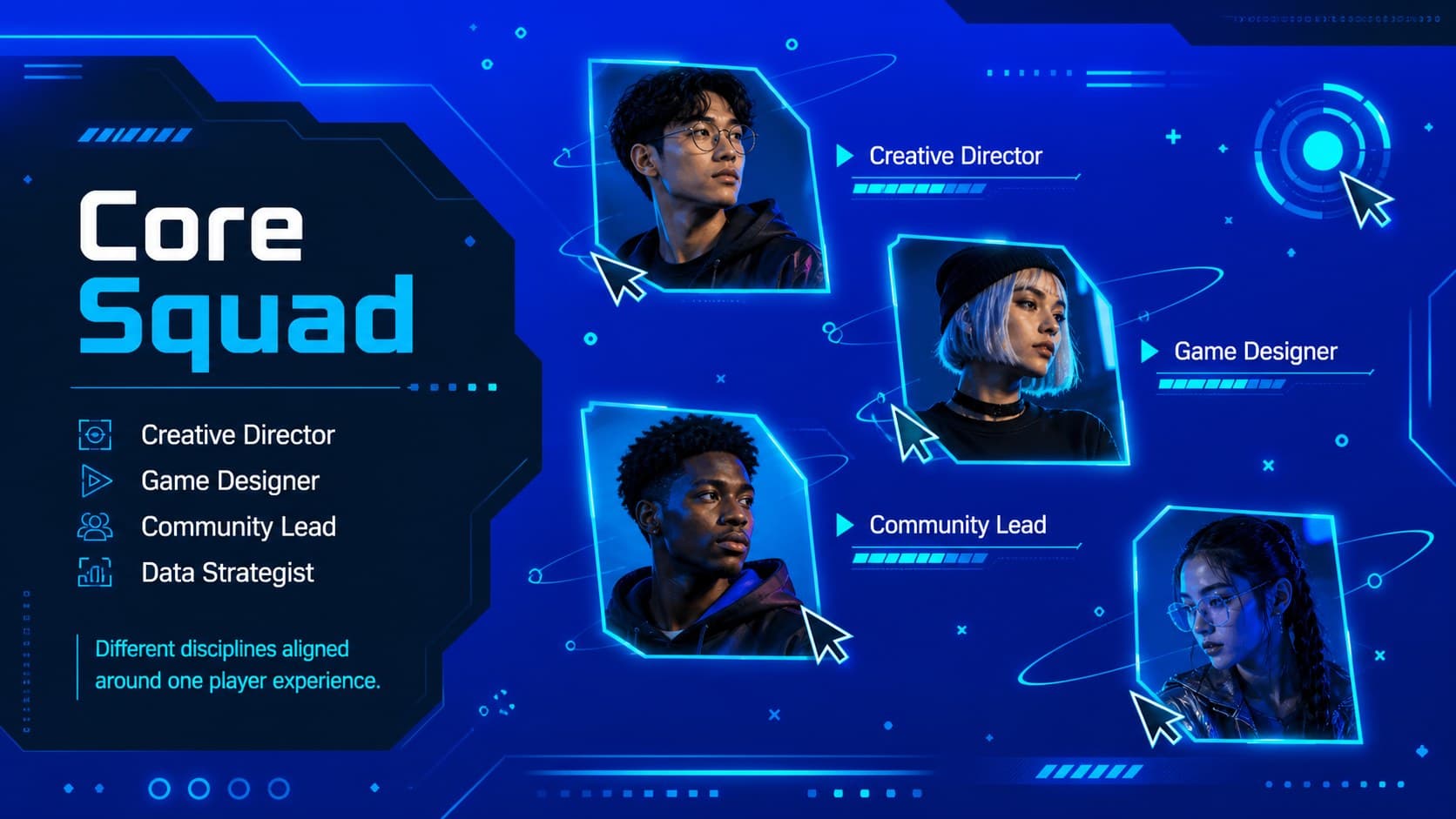 Cyber neon presentation deck team slide with original profile portraits and gaming role labels.