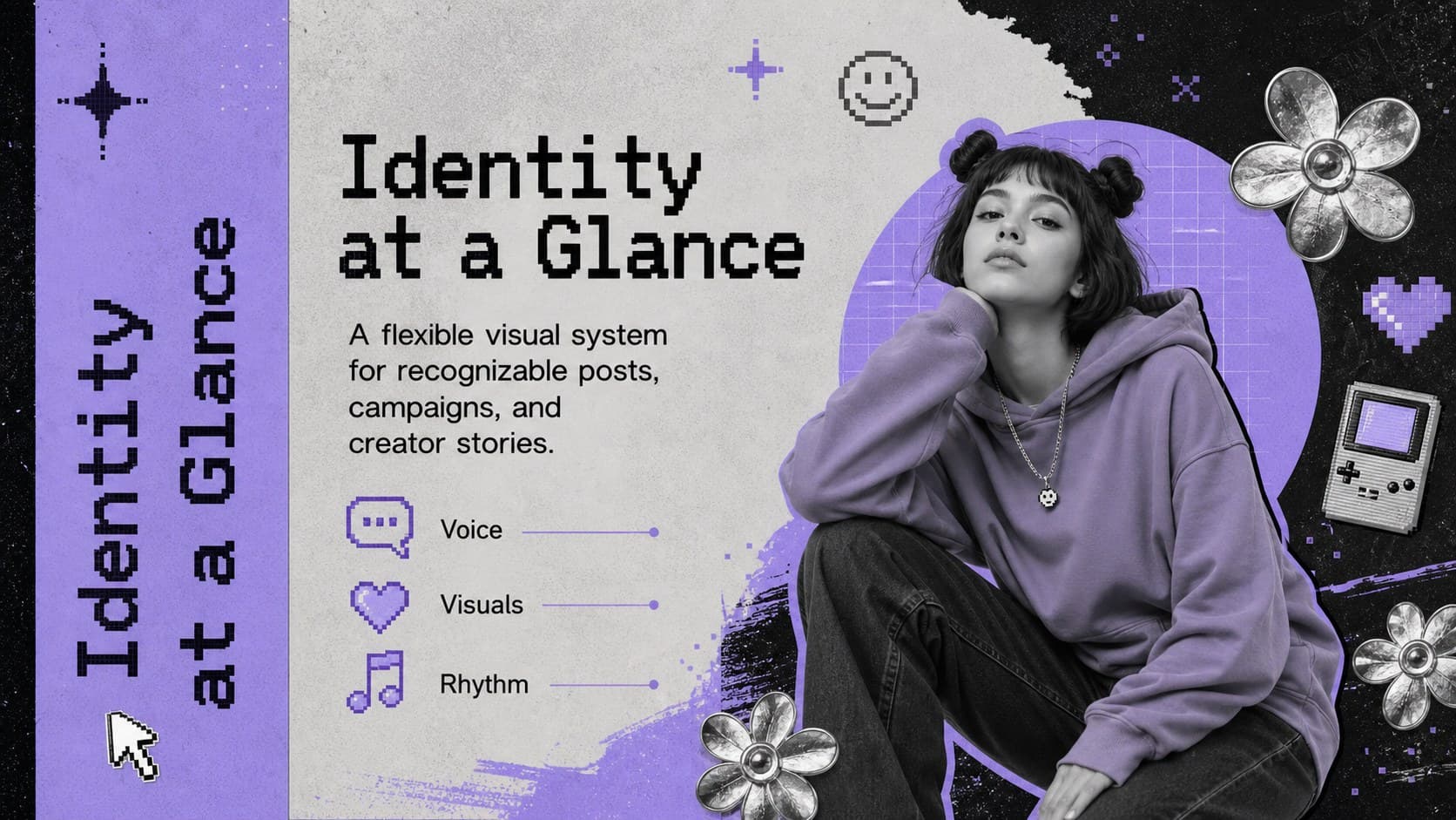 Purple cyber-pop overview slide outlining the purpose of a social brand identity system.