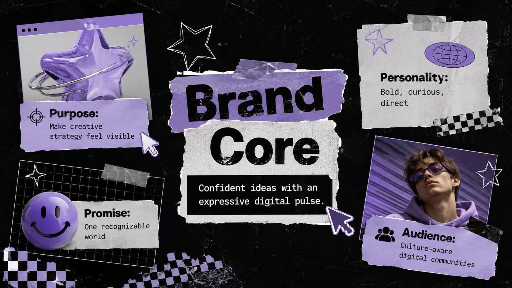 Retro digital brand strategy slide showing purpose, personality, promise, and audience.