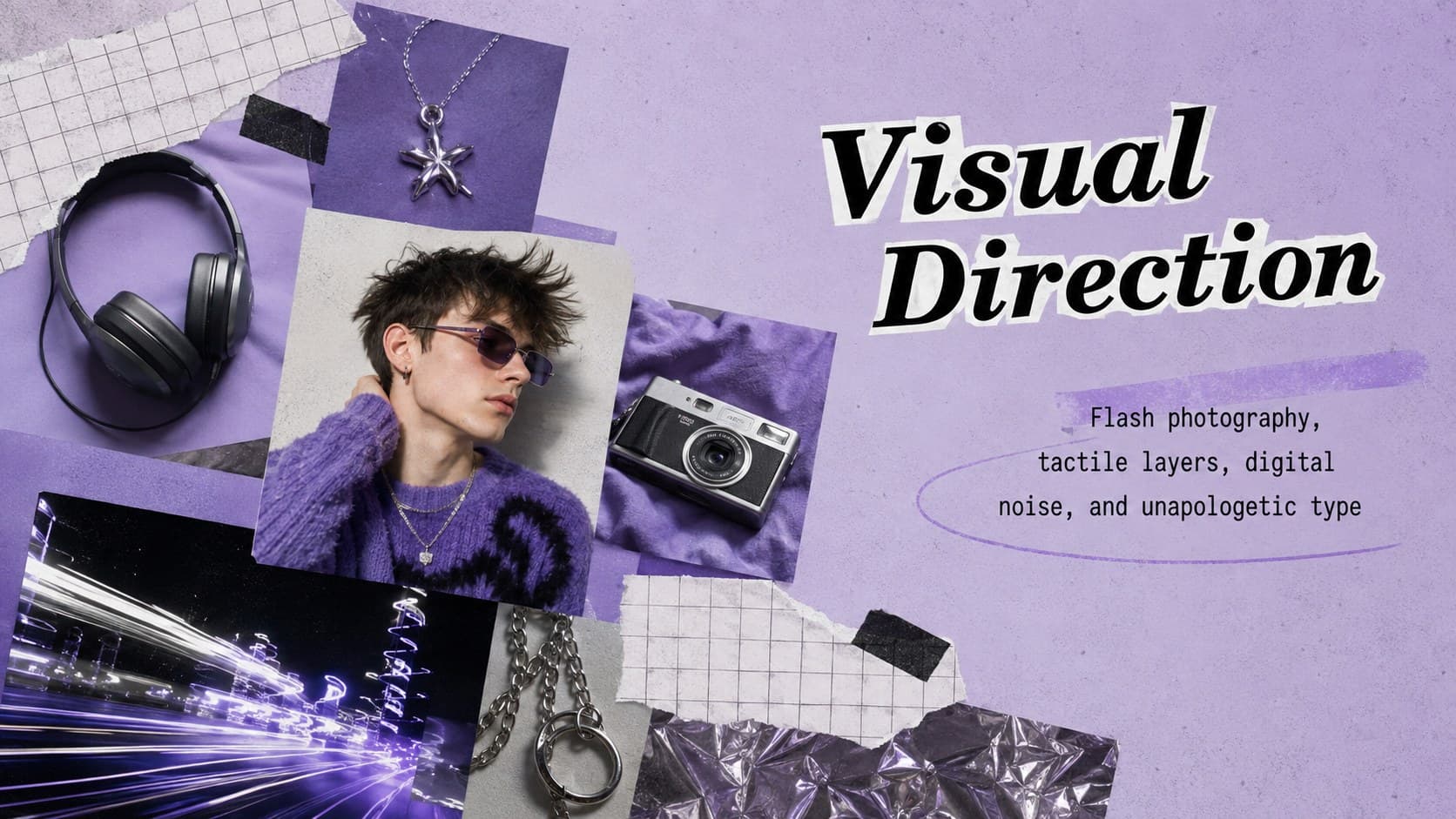 Purple social media moodboard template slide with cyber-pop photography, textures, and graphic references.