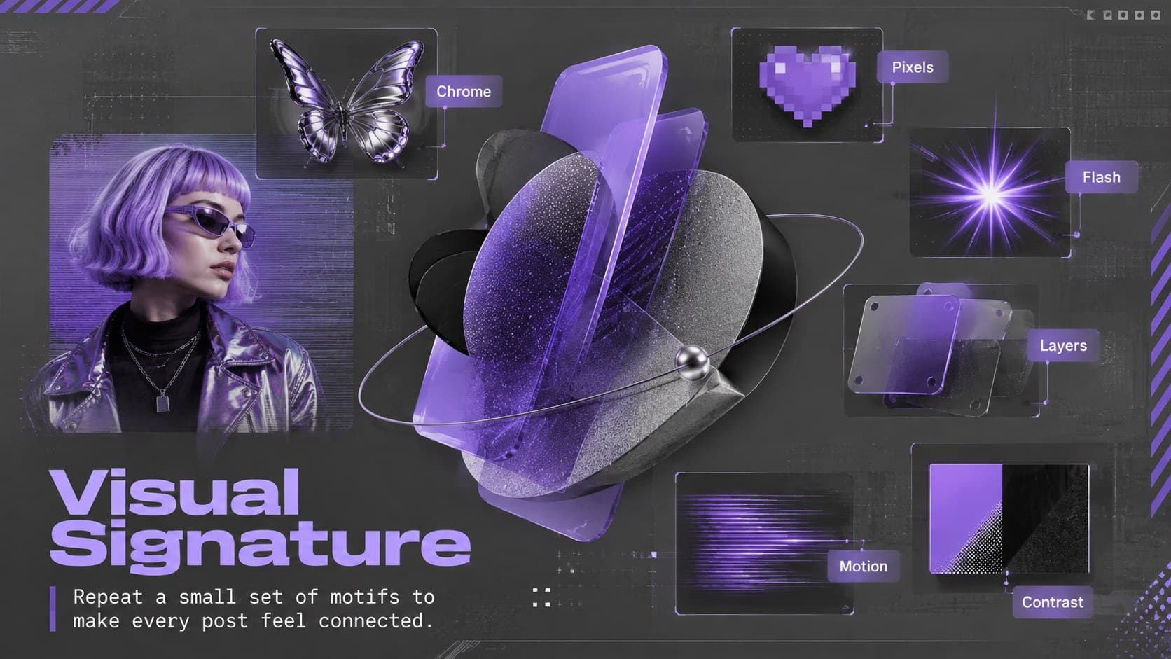 Cyber-pop visual signature slide presenting graphic motifs for a cohesive social media identity.