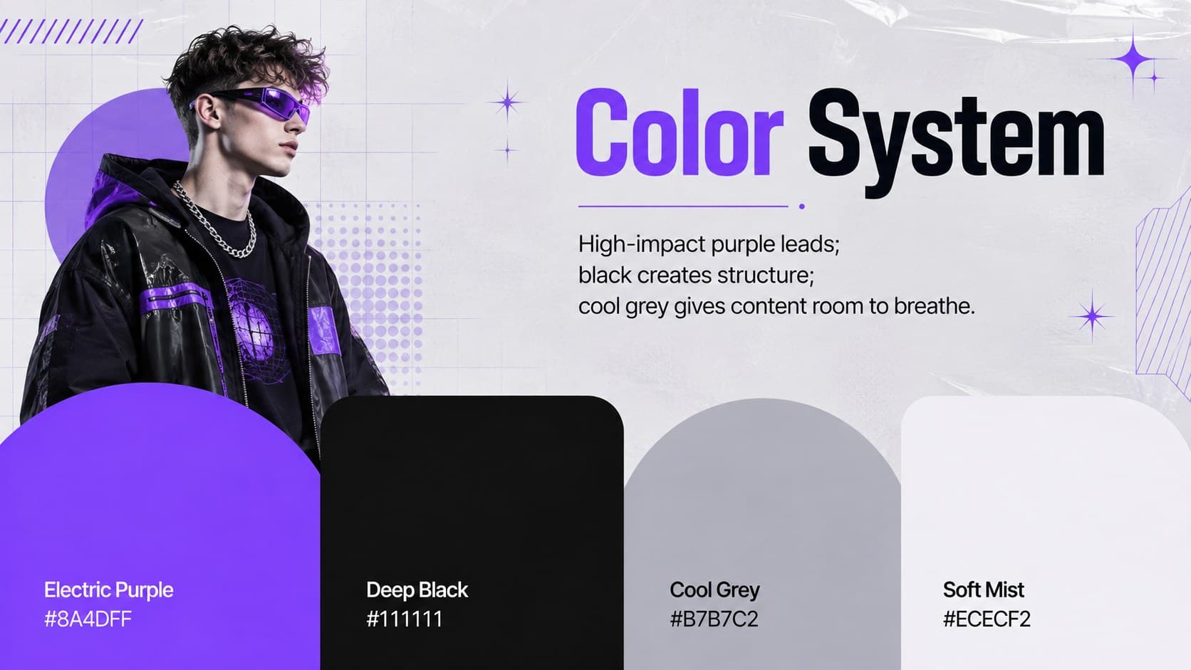 Black grey purple branding template slide displaying primary, accent, and neutral color swatches.