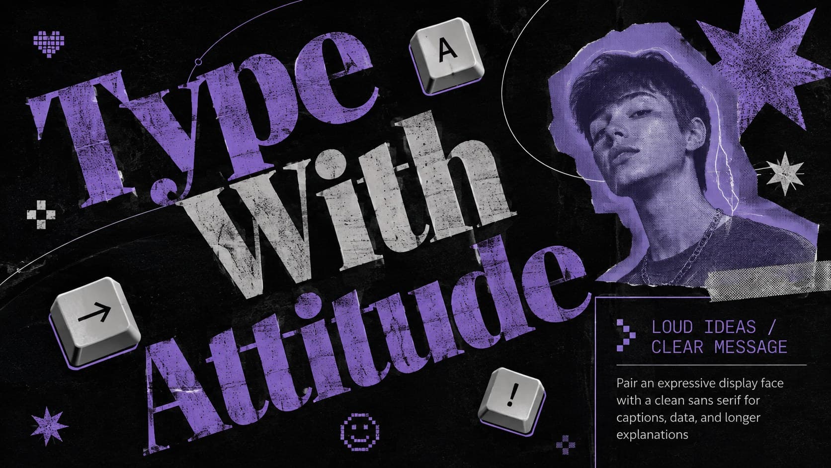 Cyber pop typography slide pairing expressive display lettering with readable social media body text.