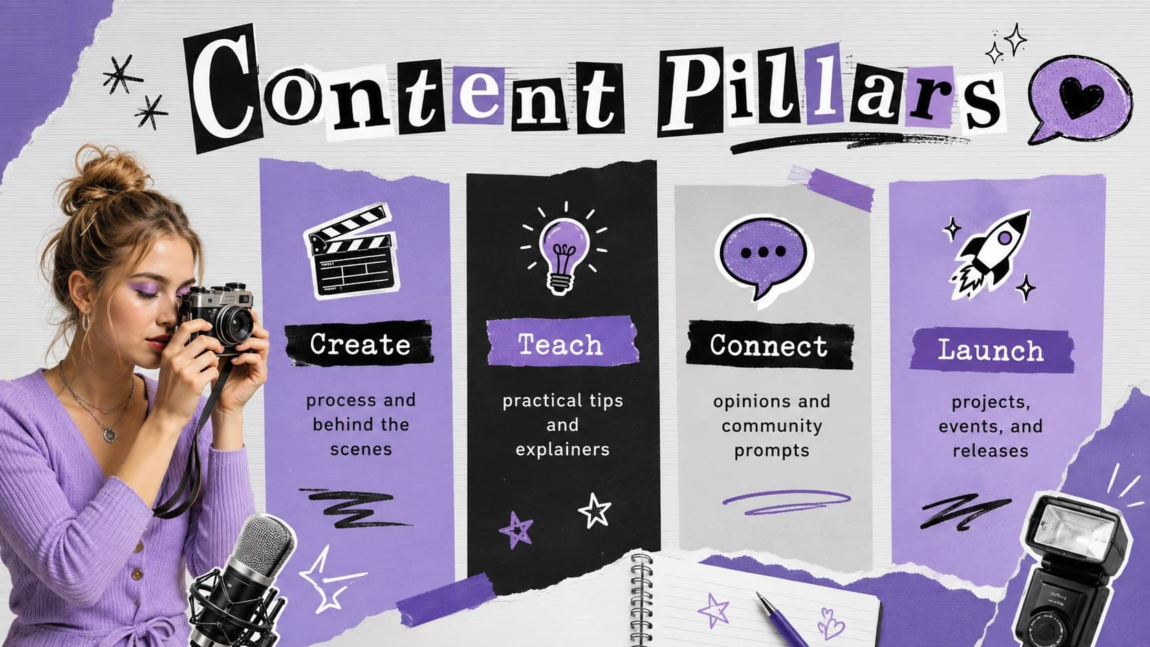Cyber pop content planning presentation slide organizing four social media content pillars.