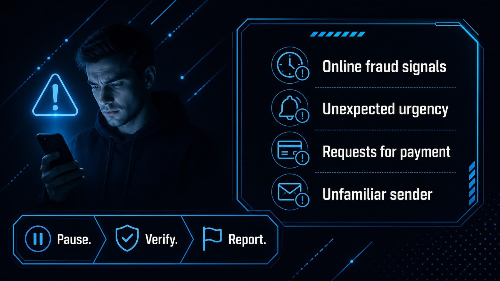 Online fraud slide with warning callouts and prevention cues for a security workshop.