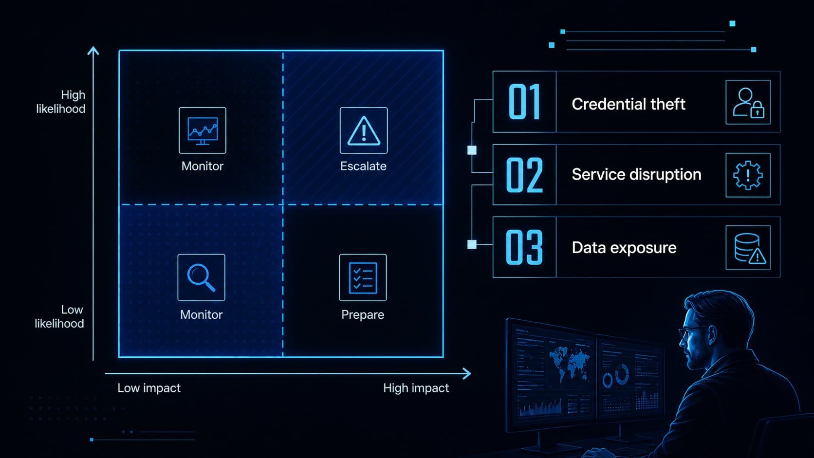 Risk comparison matrix for evaluating cyber threats and likely business impact.
