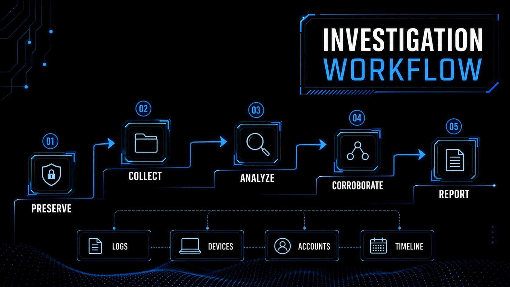 Investigation workflow slide mapping evidence collection and digital case analysis.
