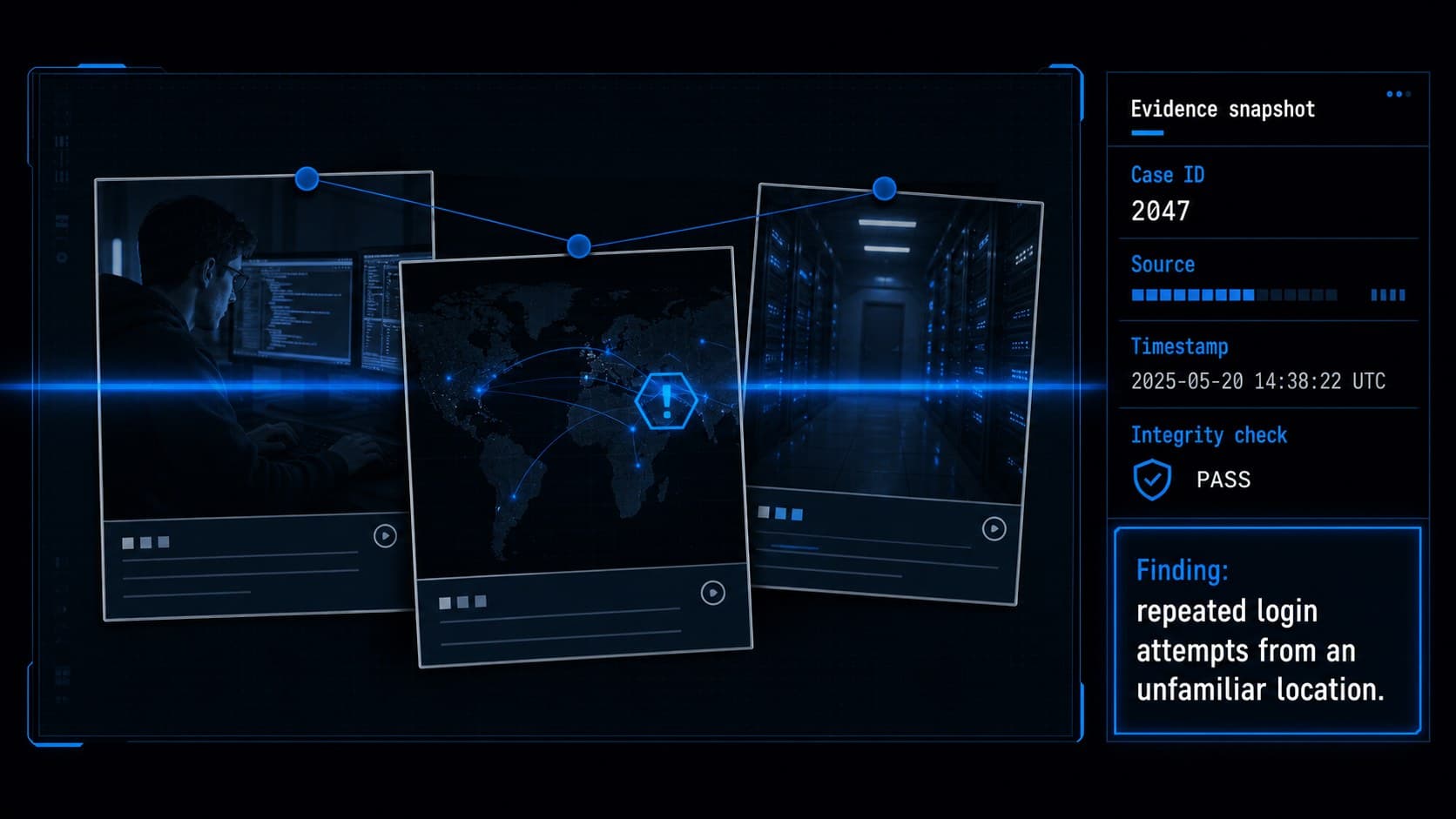 Digital evidence slide presenting a structured case file layout for cybercrime training.