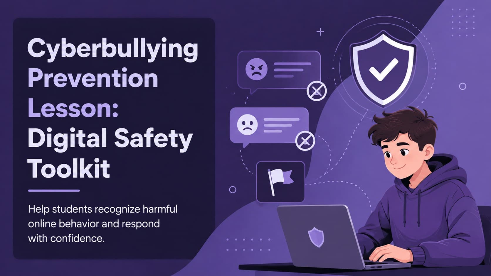 Purple illustrated cover for a cyberbullying prevention lesson and digital safety toolkit.