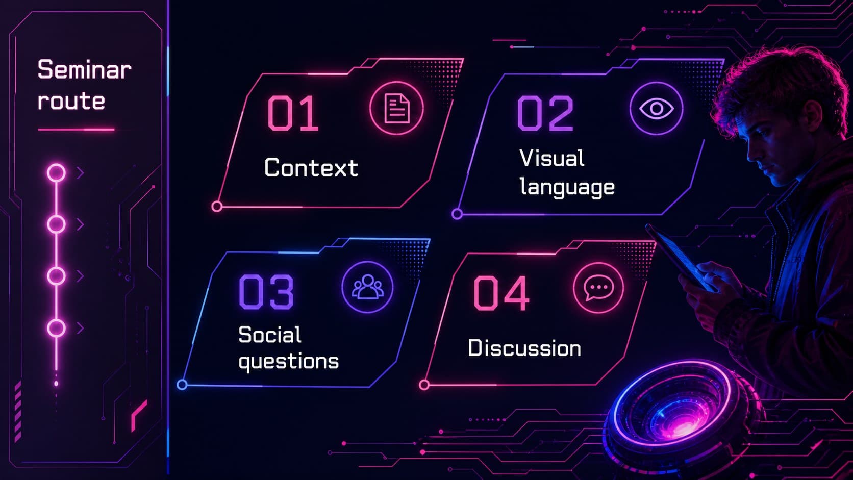 Agenda layout for a cyberpunk film seminar presentation with neon section markers.