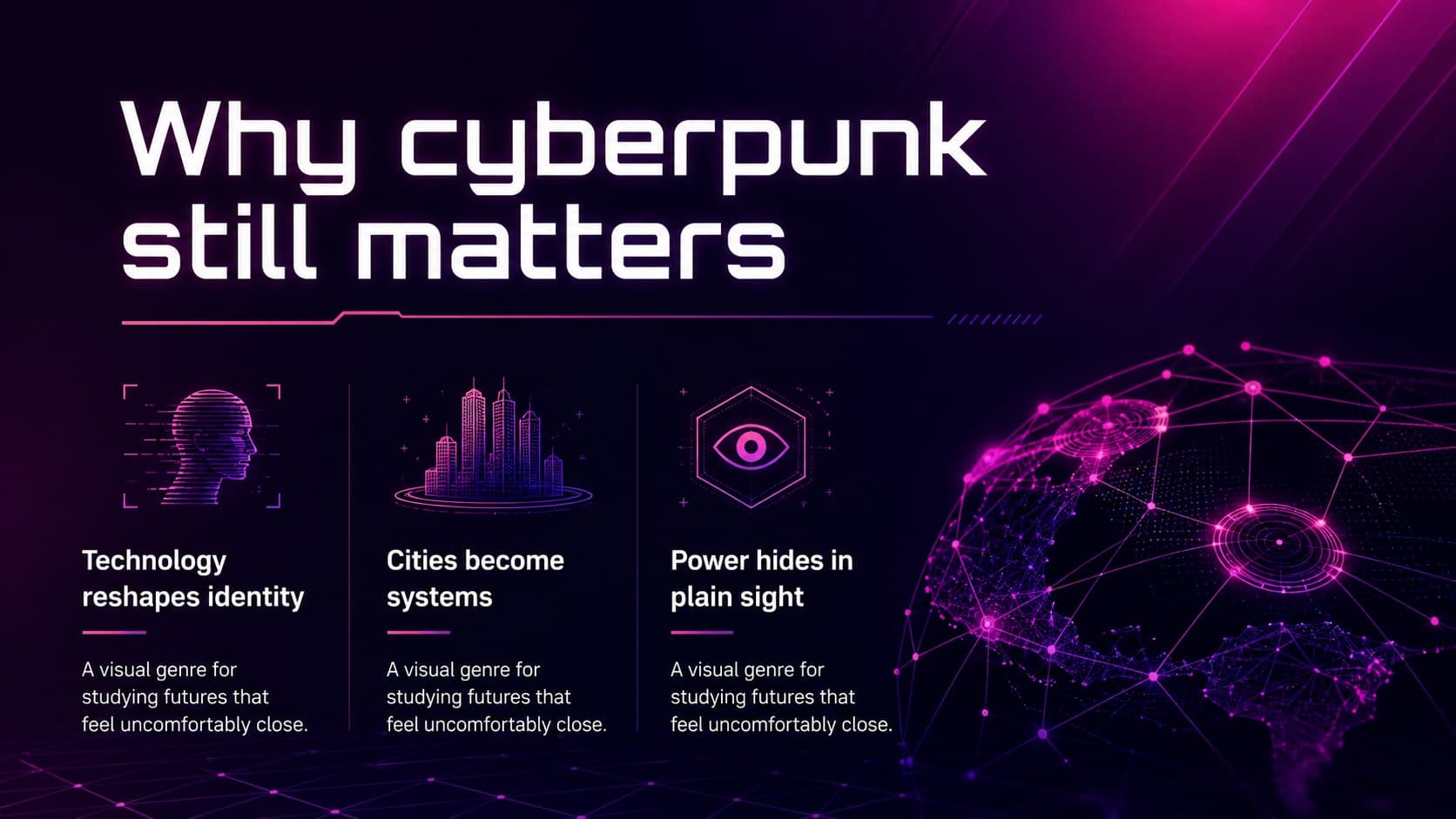 Research context slide for dystopian cinema classroom deck showing technology and society themes.