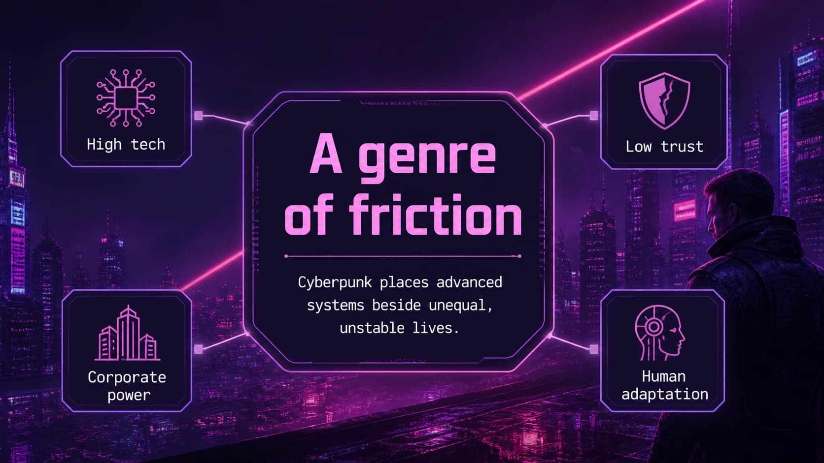 Film theory lecture slides layout defining cyberpunk cinema through concise neon text panels.