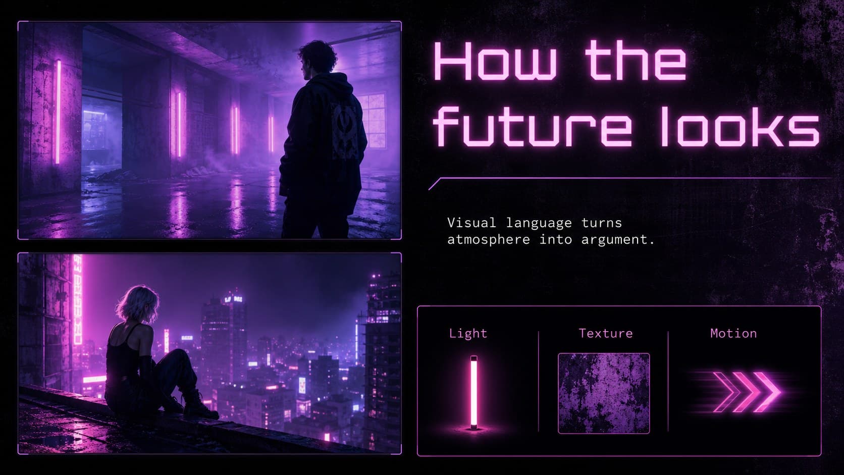 Neon noir media studies slides featuring a cinematic visual language analysis framework.