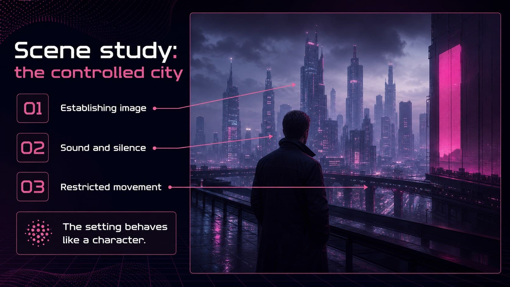 Sci-fi movie analysis presentation slide with a structured scene study and evidence callouts.