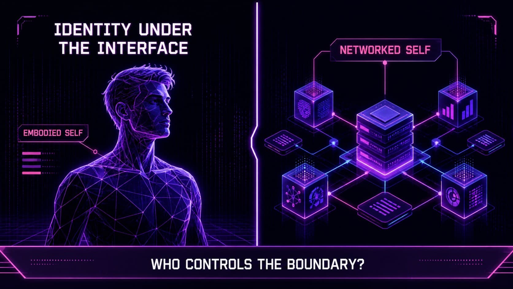Cyberpunk research project template slide comparing human identity and digital systems.