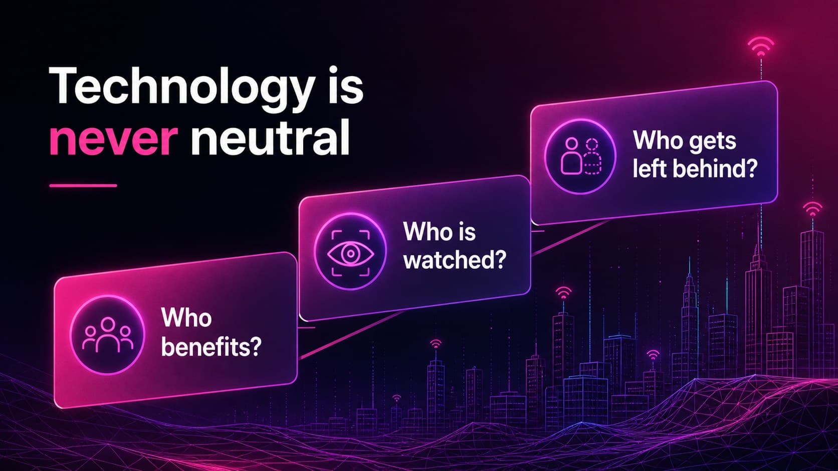 Technology and society film presentation slide with a neon matrix of key social questions.